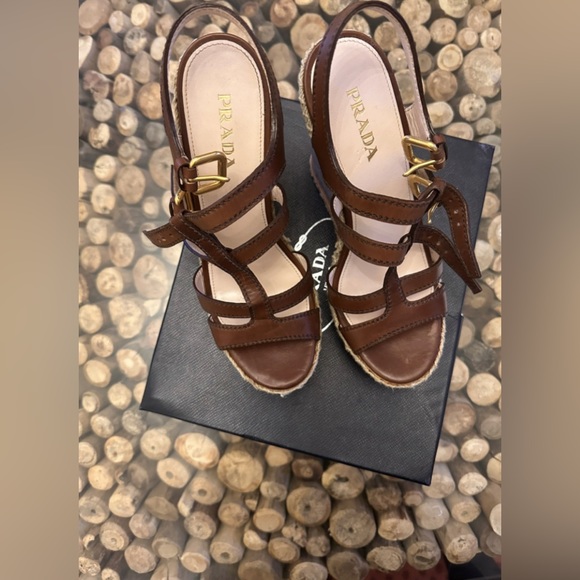 Authentic PRADA Calzature Wedge Platform Sandals Leather Size 40 Brown - Picture 3 of 8
